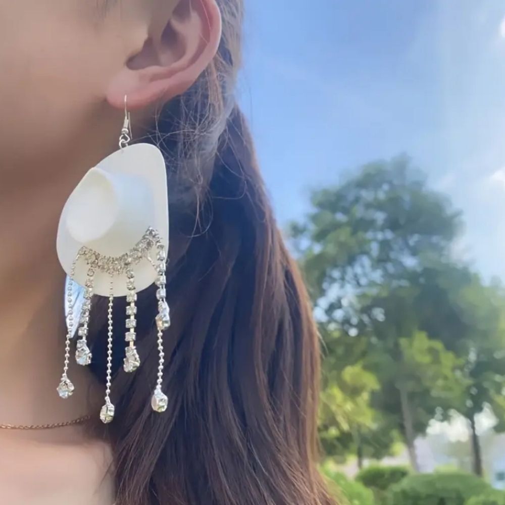 Hand Crafted Elegant White Crystal Western Cowboy Dangle Earrings For Adults - Picture 4 of 5